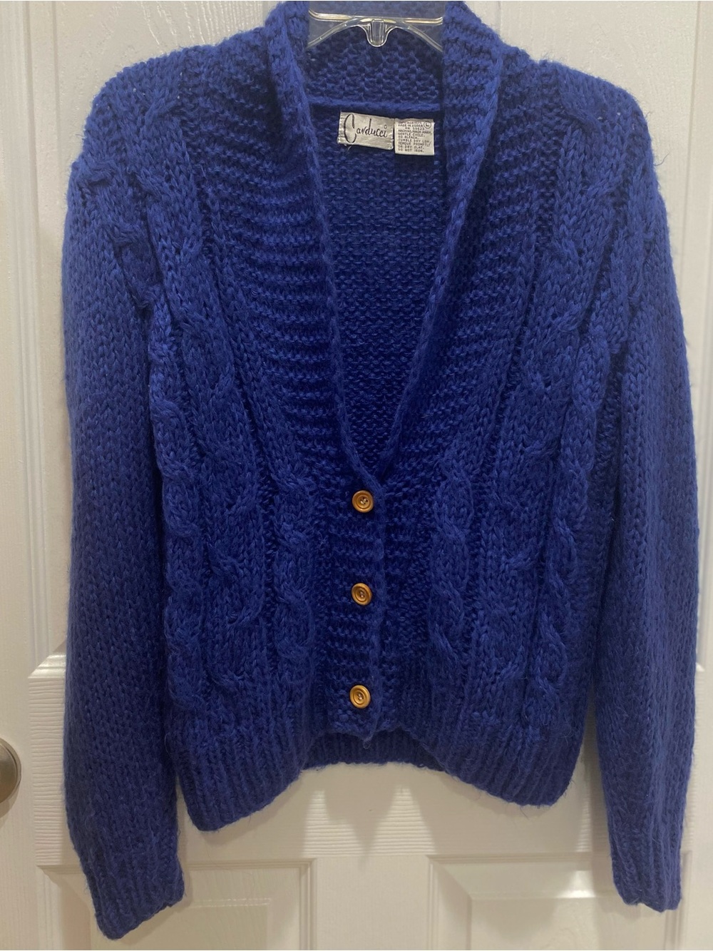 Vintage Carducci women’s L Royal Blue Cable Knit Shawl-Collar Cardigan
